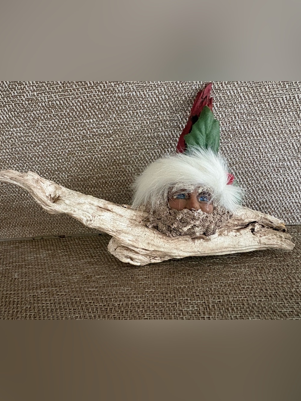 Handcrafted Folk Art Santa Clause Face Carved Driftwood Vintage Christmas Signed